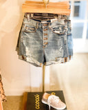 HIGH RISE 5-BUTTON FLY CUFFED SHORTS WITH DISTRESSING